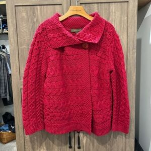Inis Craft Large Cardigan Merino Wool Sweater One Button Cable Knit Red